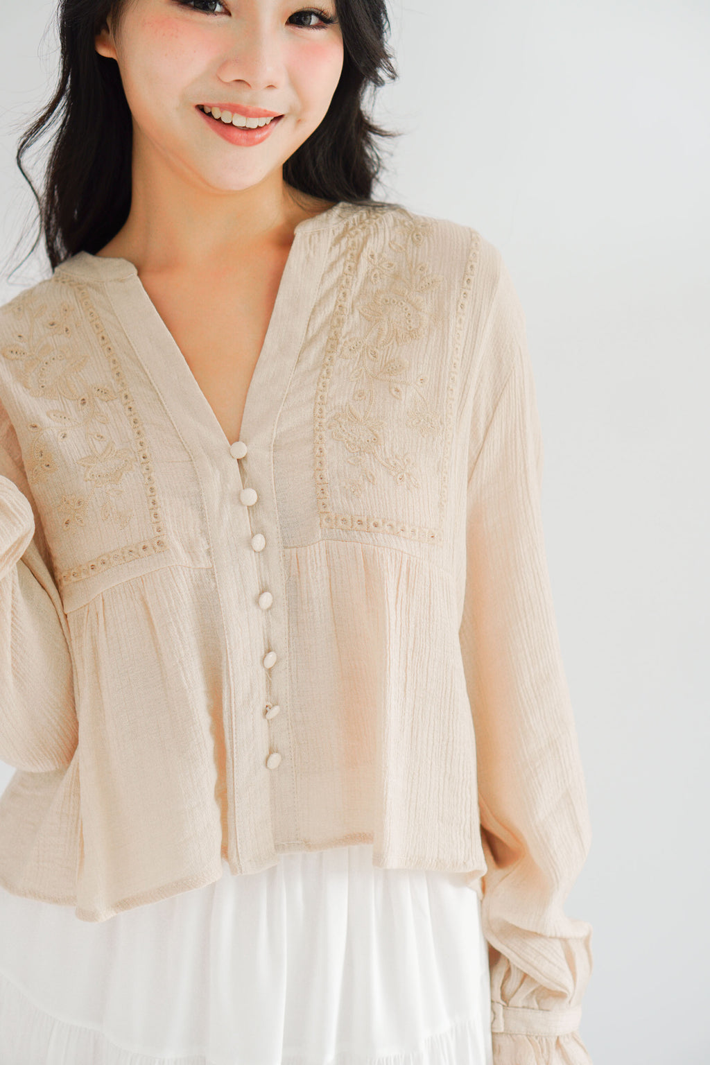 Sera V Neck Boho Blouse Top in Light Khaki