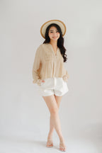 Sera V Neck Boho Blouse Top in Light Khaki