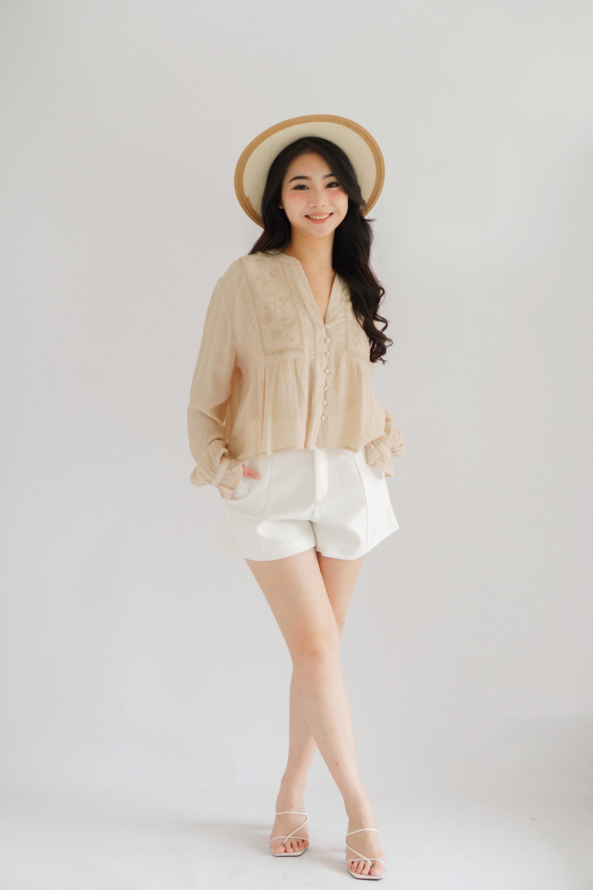 Sera V Neck Boho Blouse Top in Light Khaki