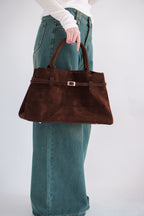 (BACKORDER) Joe Belted Structured Suede Bag in Brown