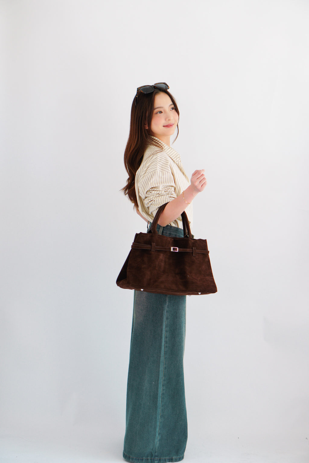 (BACKORDER) Joe Belted Structured Suede Bag in Brown