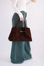 (BACKORDER) Joe Belted Structured Suede Bag in Brown