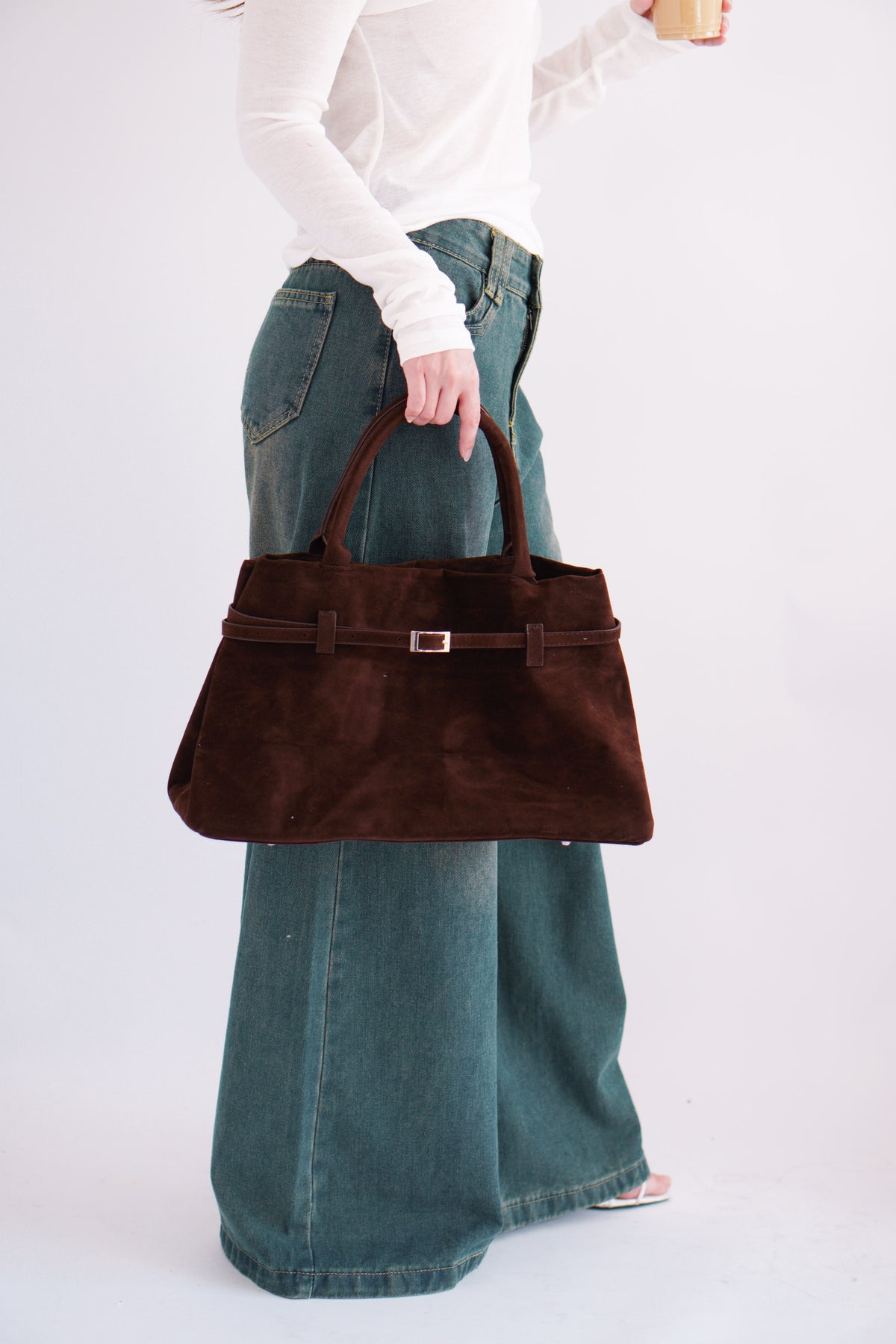 (BACKORDER) Joe Belted Structured Suede Bag in Brown