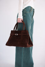 (BACKORDER) Joe Belted Structured Suede Bag in Brown