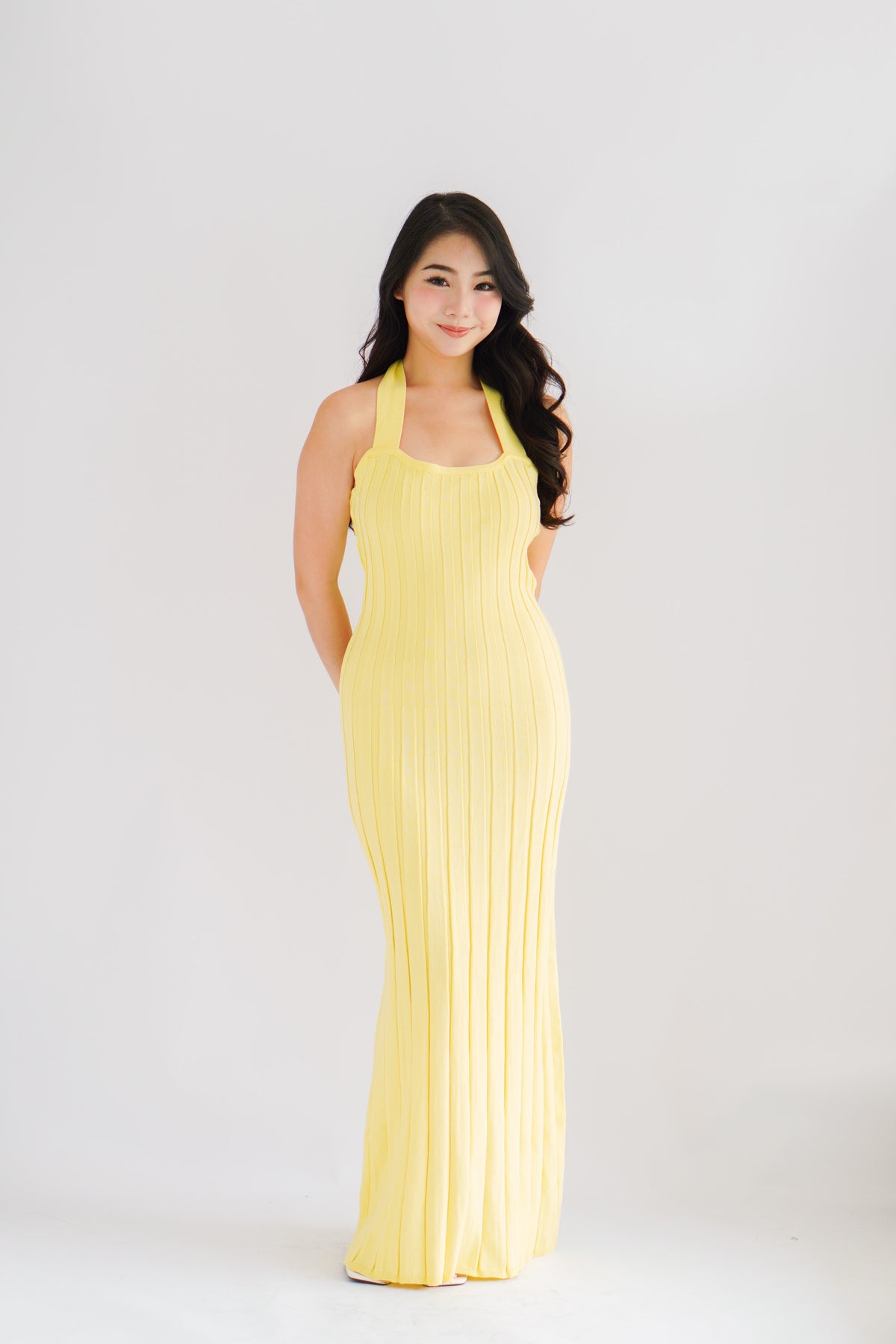 (BACKORDER) Nelle Halter Maxi Knit Bodycon Dress in Yellow