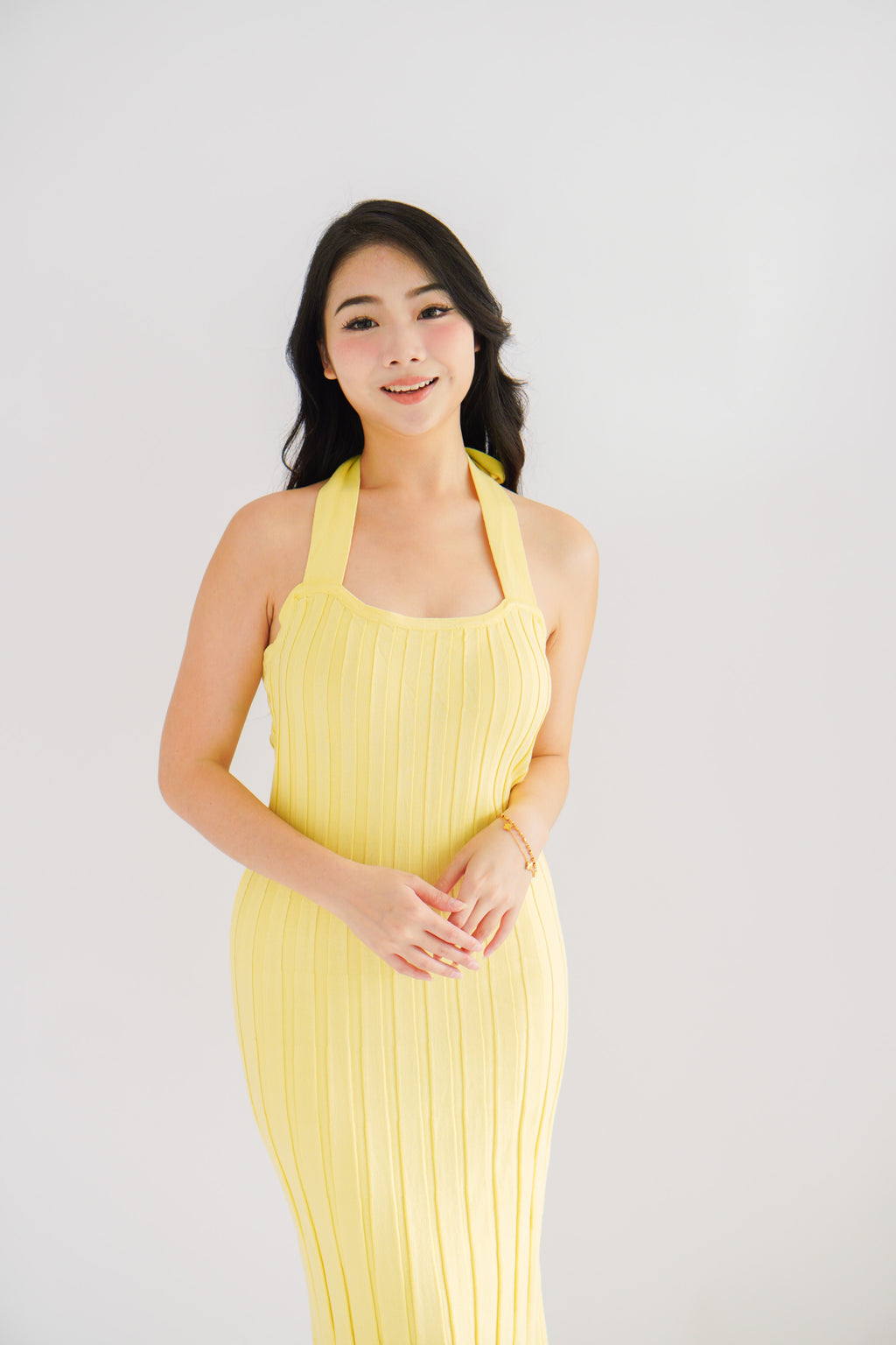 (BACKORDER) Nelle Halter Maxi Knit Bodycon Dress in Yellow