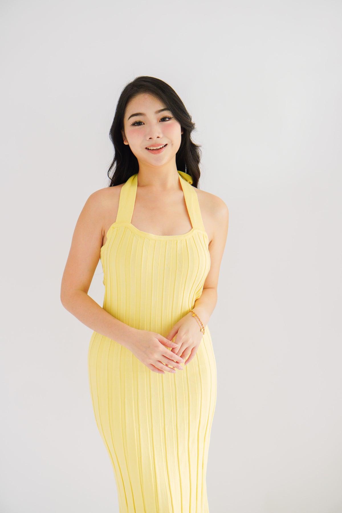 (BACKORDER) Nelle Halter Maxi Knit Bodycon Dress in Yellow
