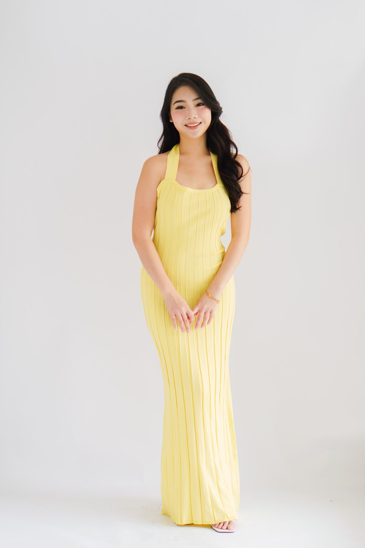 (BACKORDER) Nelle Halter Maxi Knit Bodycon Dress in Yellow