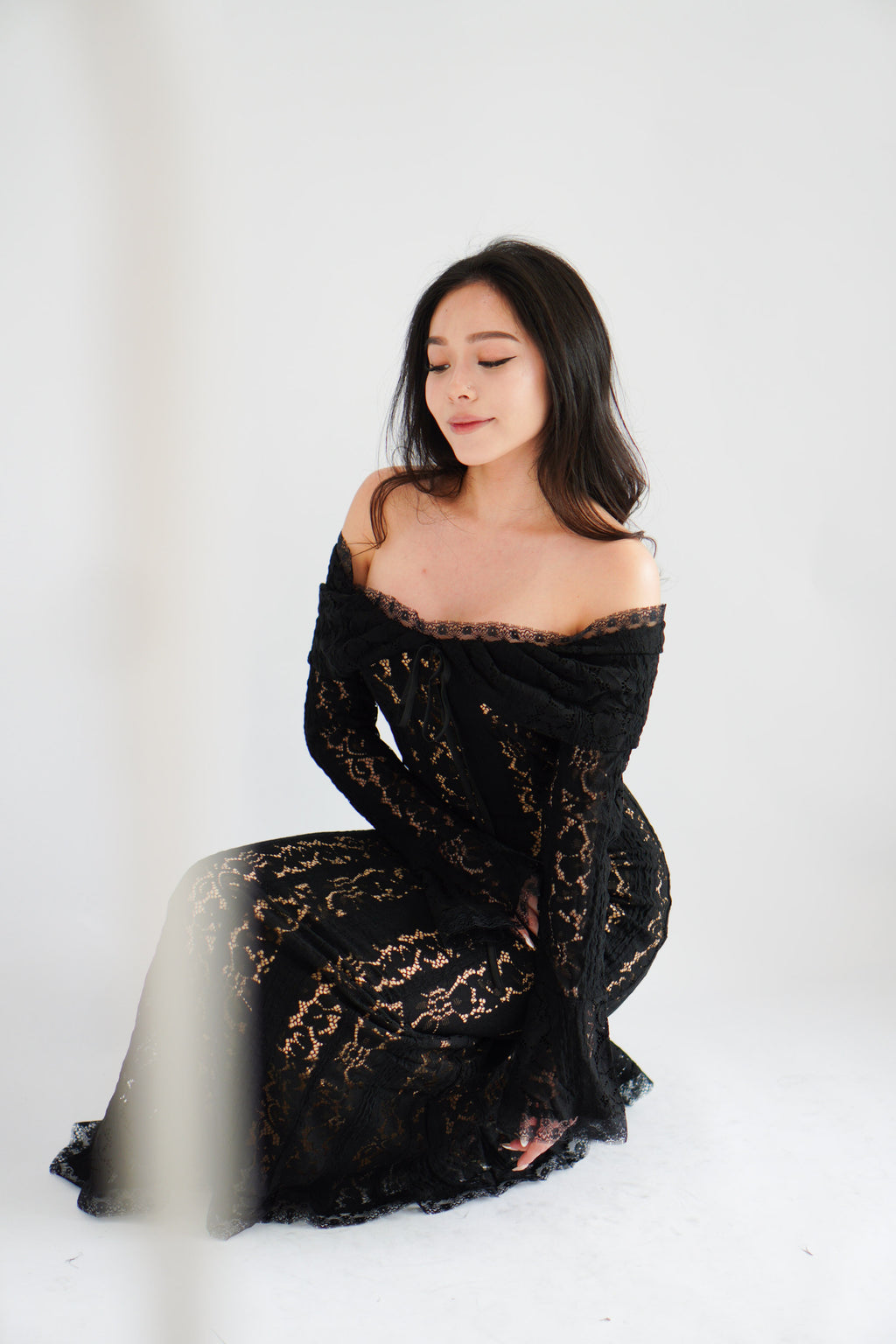 (Premium) Thaleessa Lace Off Shoulder Maxi Dress in Black