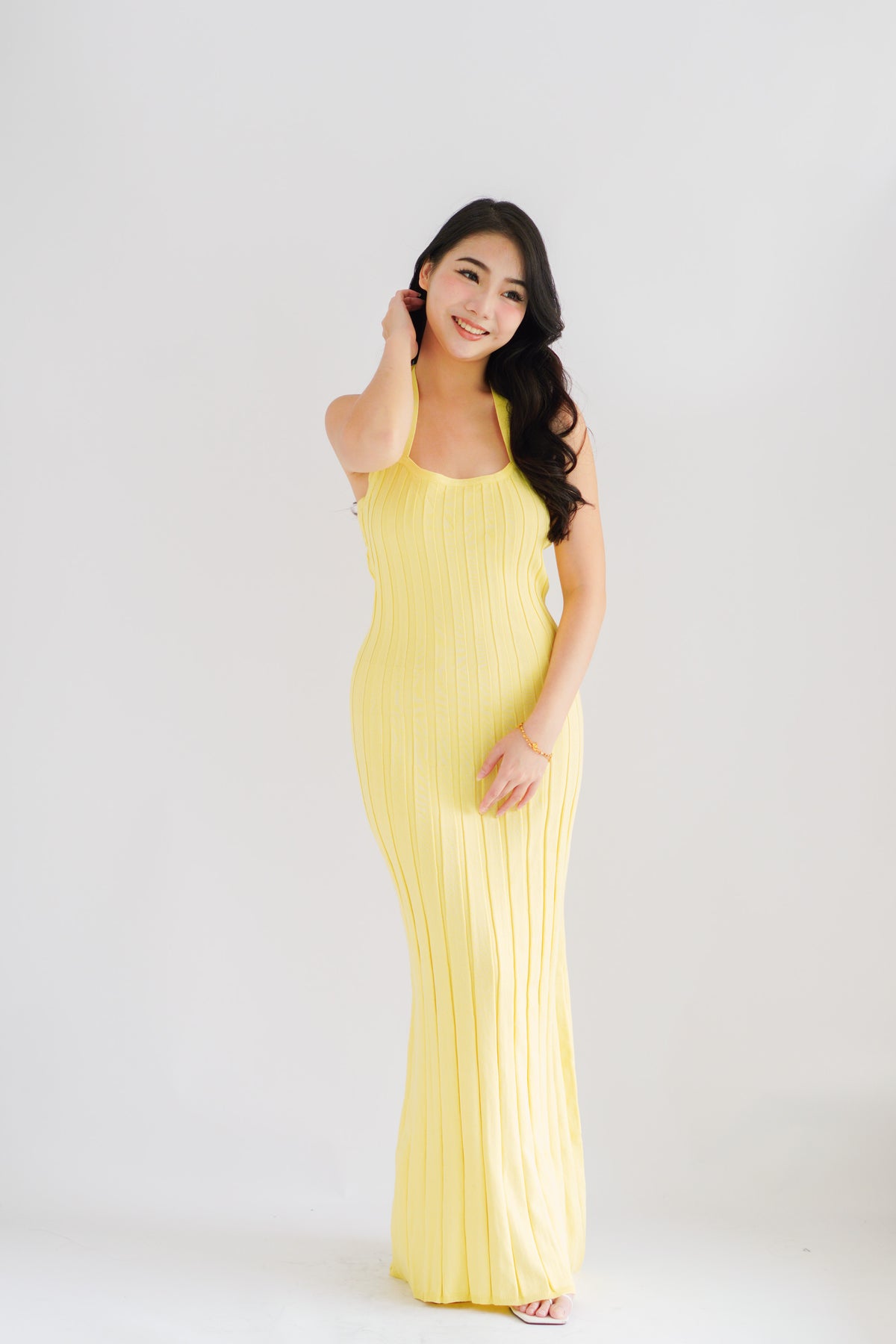 (BACKORDER) Nelle Halter Maxi Knit Bodycon Dress in Yellow