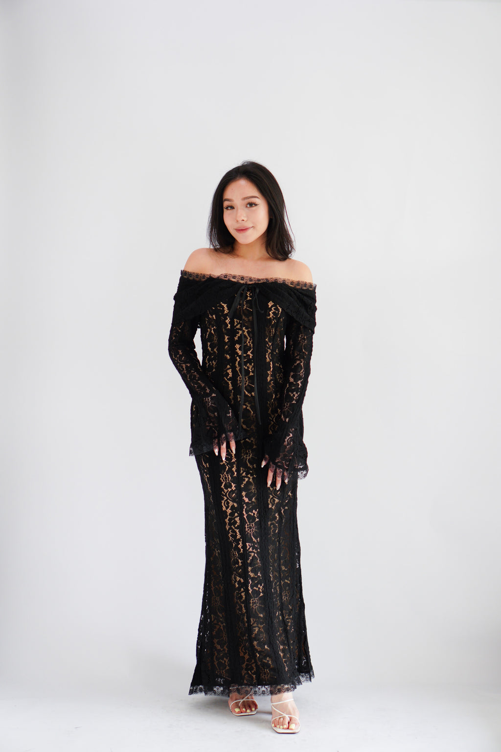 (Premium) Thaleessa Lace Off Shoulder Maxi Dress in Black