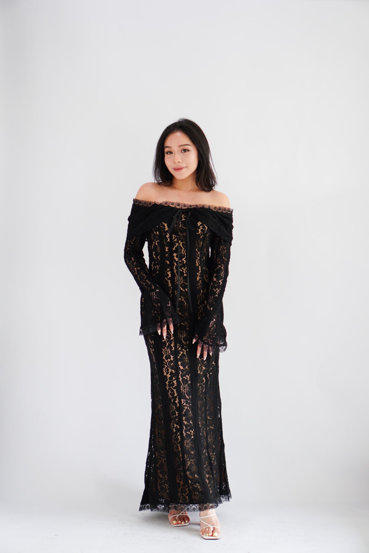 (Premium) Thaleessa Lace Off Shoulder Maxi Dress in Black