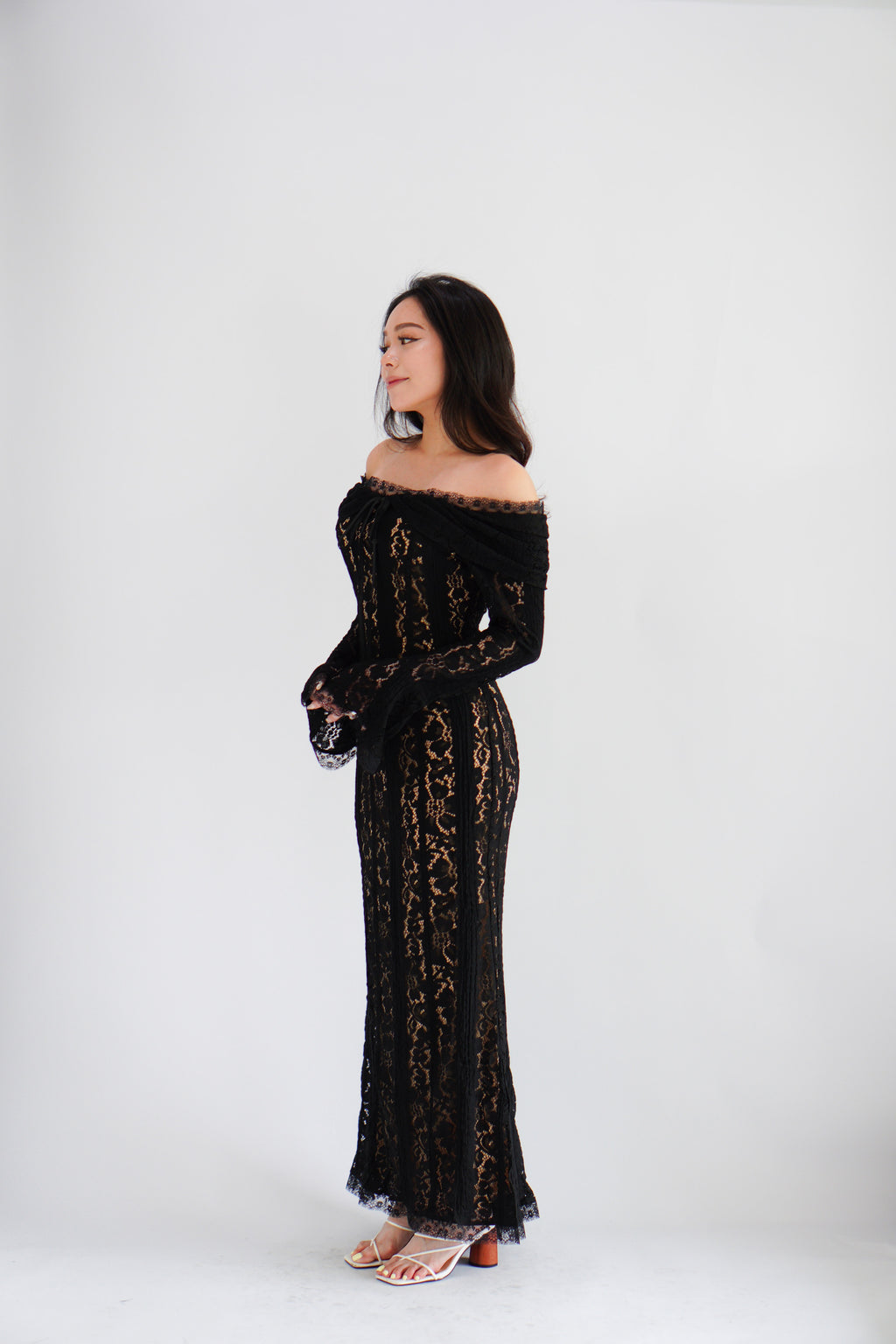 (Premium) Thaleessa Lace Off Shoulder Maxi Dress in Black