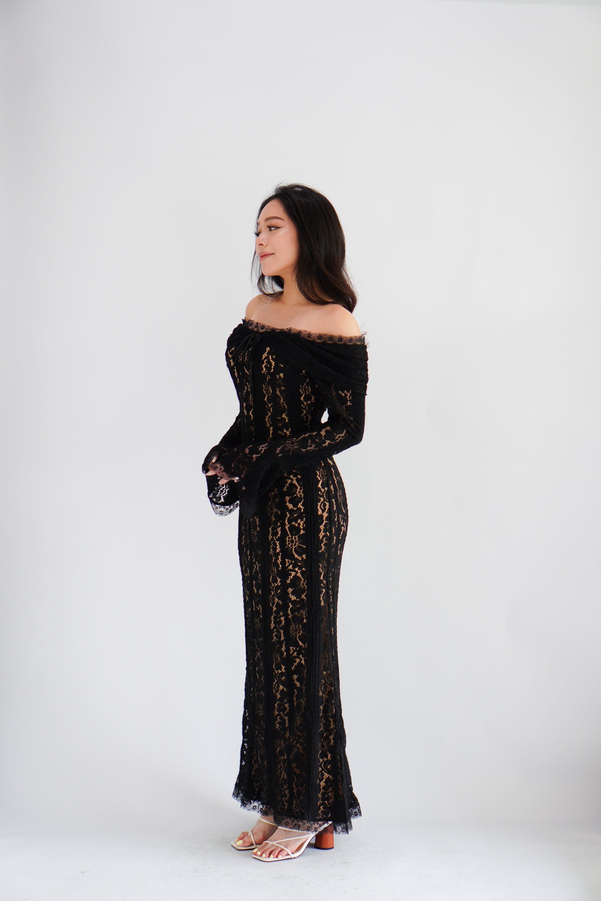 (Premium) Thaleessa Lace Off Shoulder Maxi Dress in Black