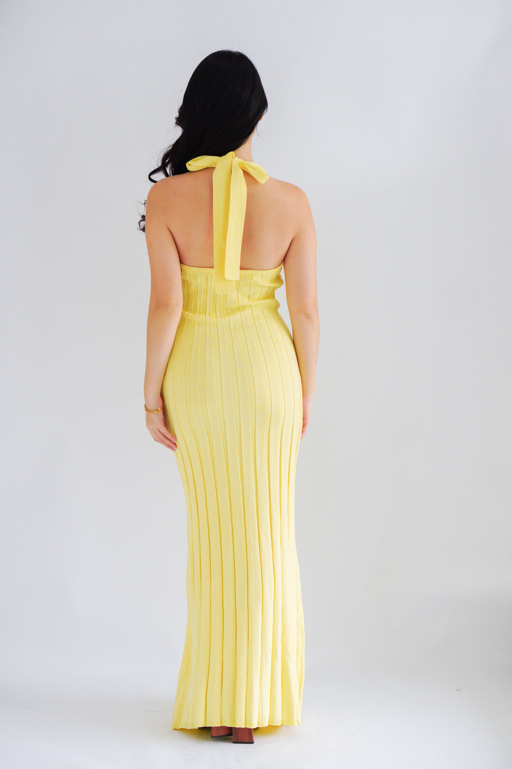 (BACKORDER) Nelle Halter Maxi Knit Bodycon Dress in Yellow