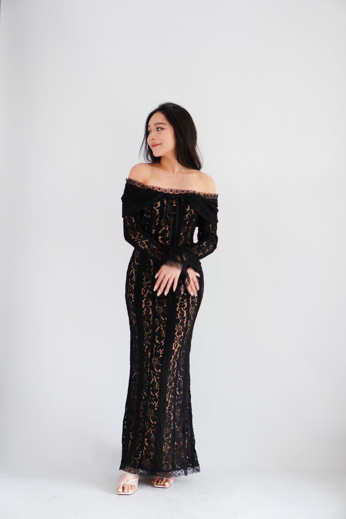 (Premium) Thaleessa Lace Off Shoulder Maxi Dress in Black