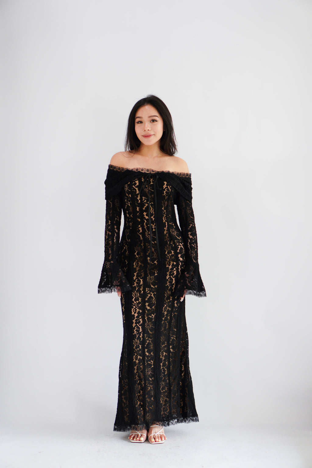 (Premium) Thaleessa Lace Off Shoulder Maxi Dress in Black