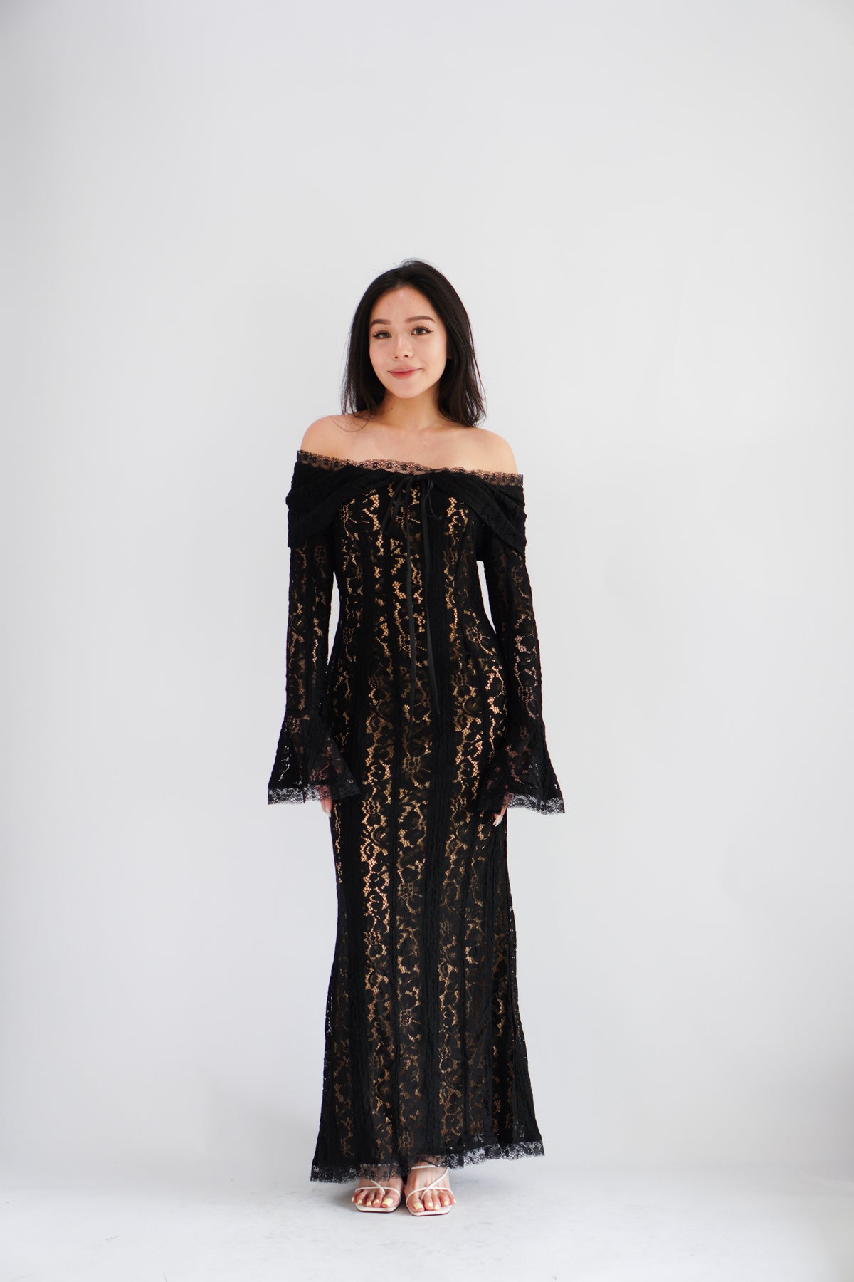 (Premium) Thaleessa Lace Off Shoulder Maxi Dress in Black