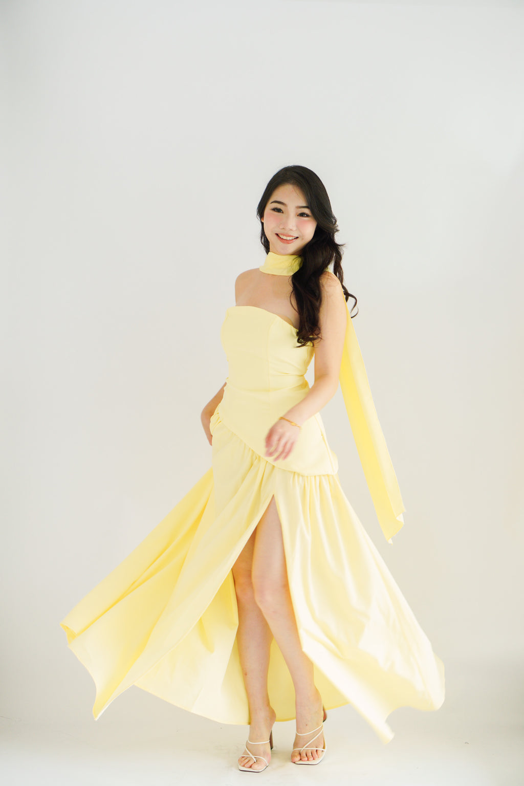 Dephora Tube Maxi Asymmetrical Dress with Sash in Yellow
