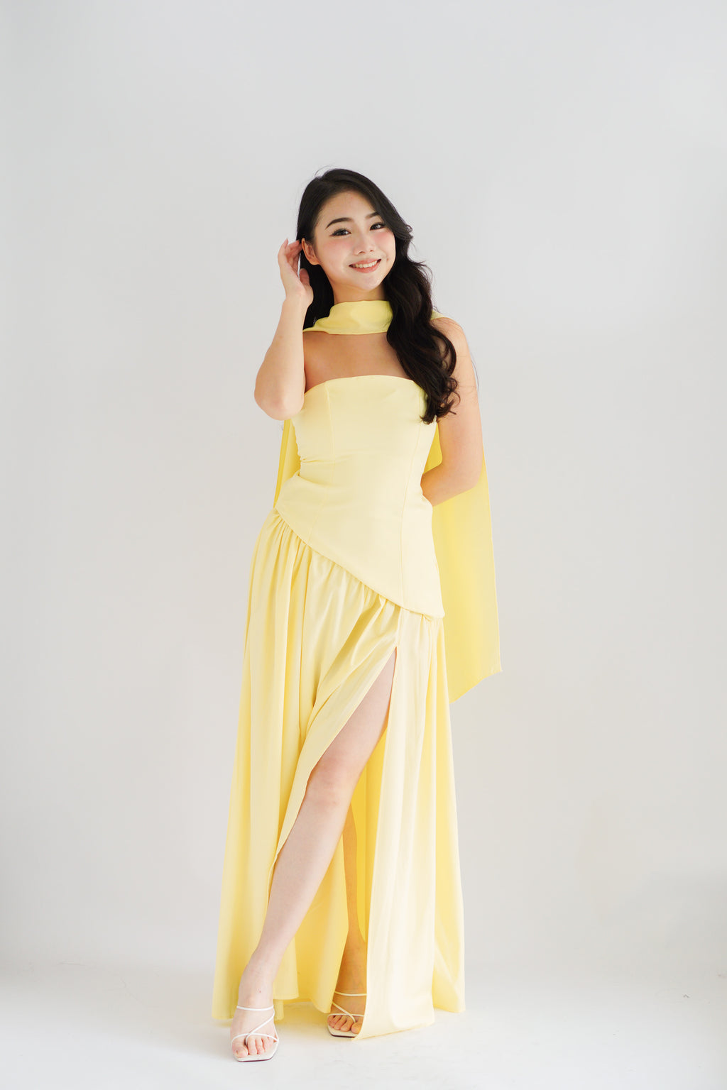 Dephora Tube Maxi Asymmetrical Dress with Sash in Yellow