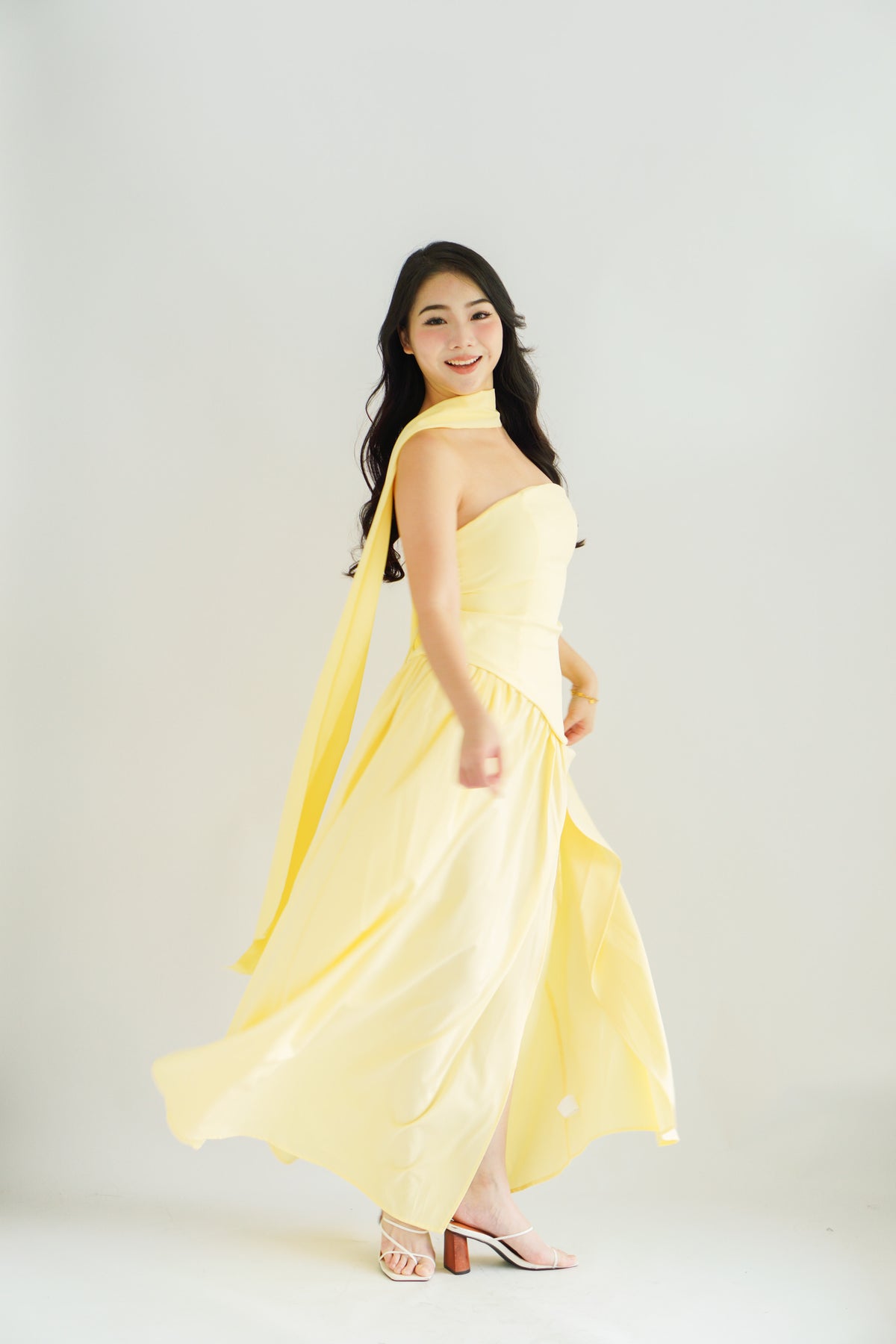 Dephora Tube Maxi Asymmetrical Dress with Sash in Yellow