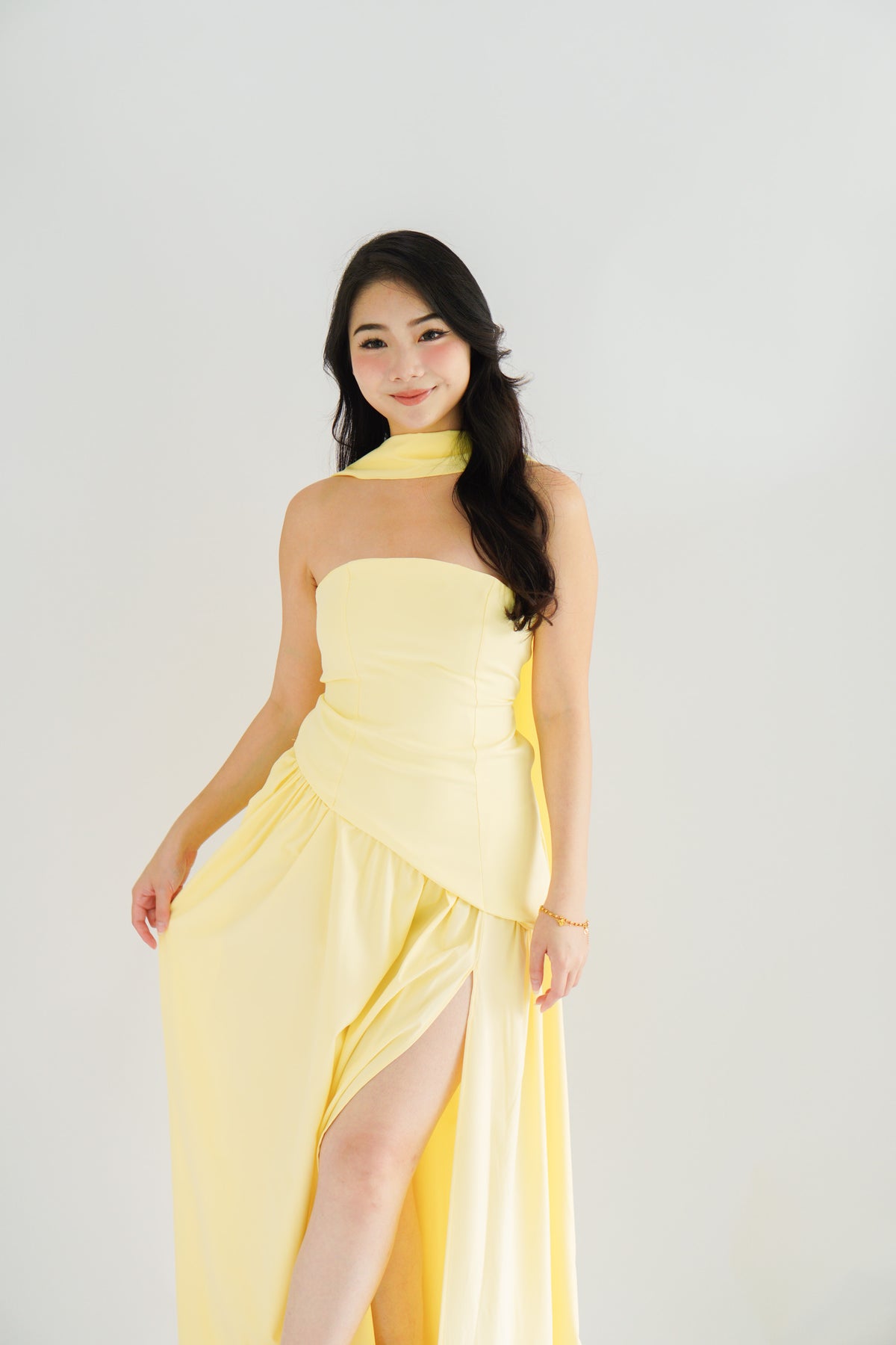 Dephora Tube Maxi Asymmetrical Dress with Sash in Yellow