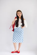 Colin Plaid Ribbon Midi Skirt in Blue