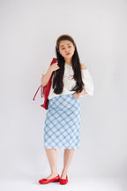 Colin Plaid Ribbon Midi Skirt in Blue