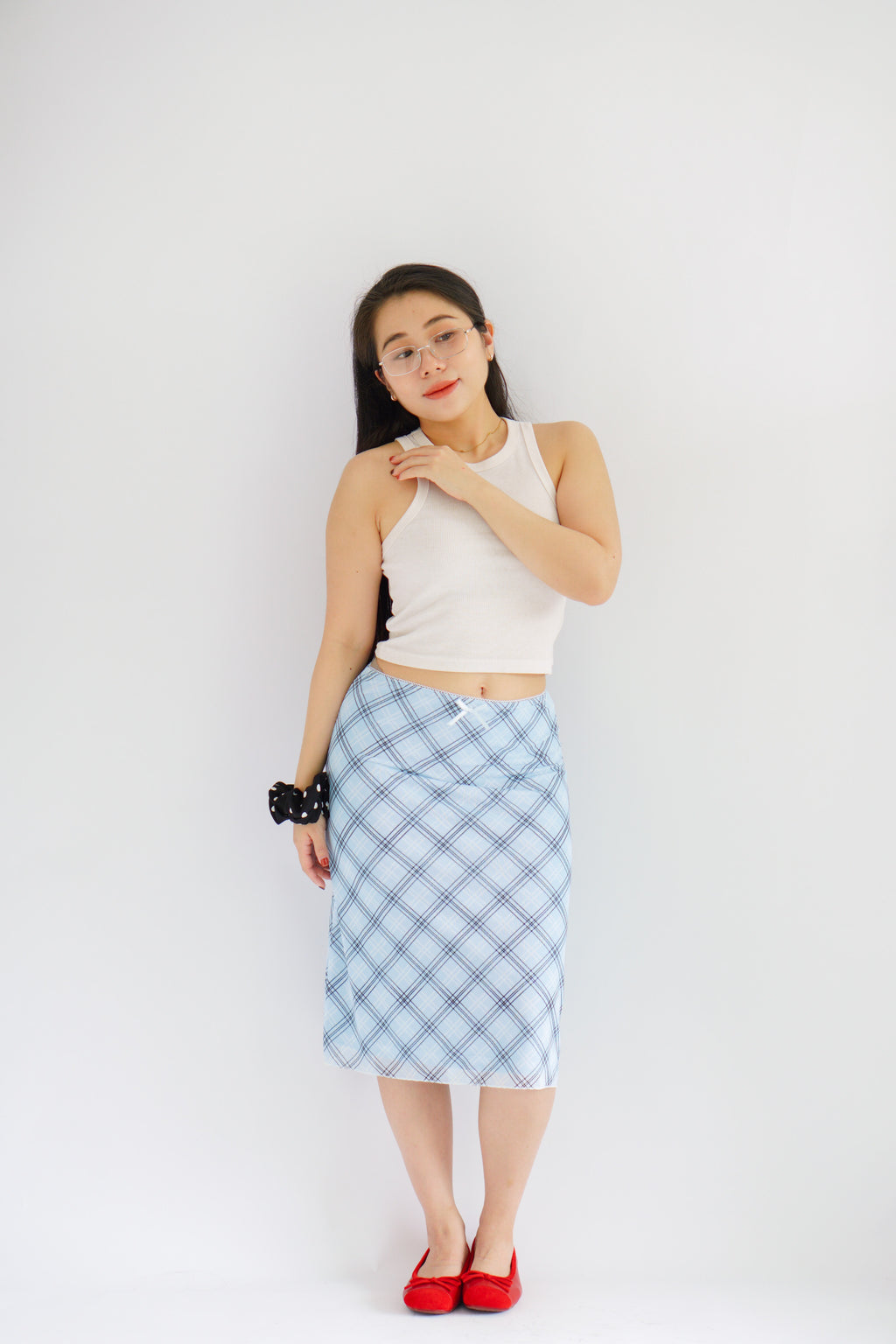 Colin Plaid Ribbon Midi Skirt in Blue