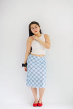 Colin Plaid Ribbon Midi Skirt in Blue