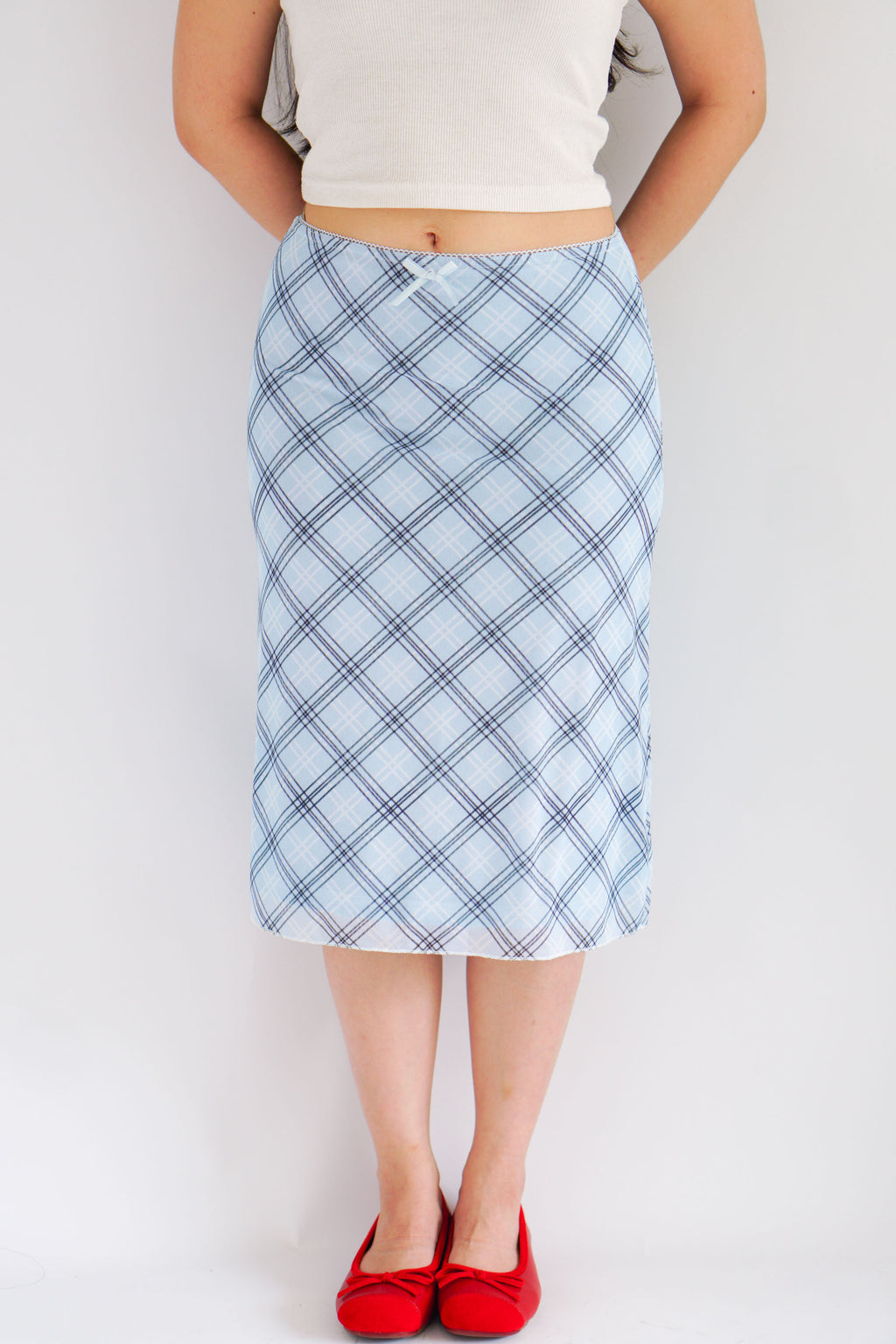 Colin Plaid Ribbon Midi Skirt in Blue