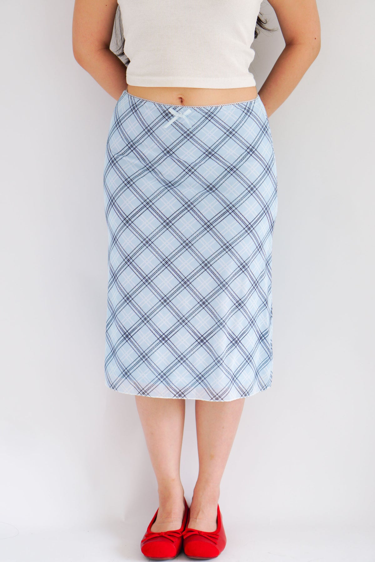 Colin Plaid Ribbon Midi Skirt in Blue