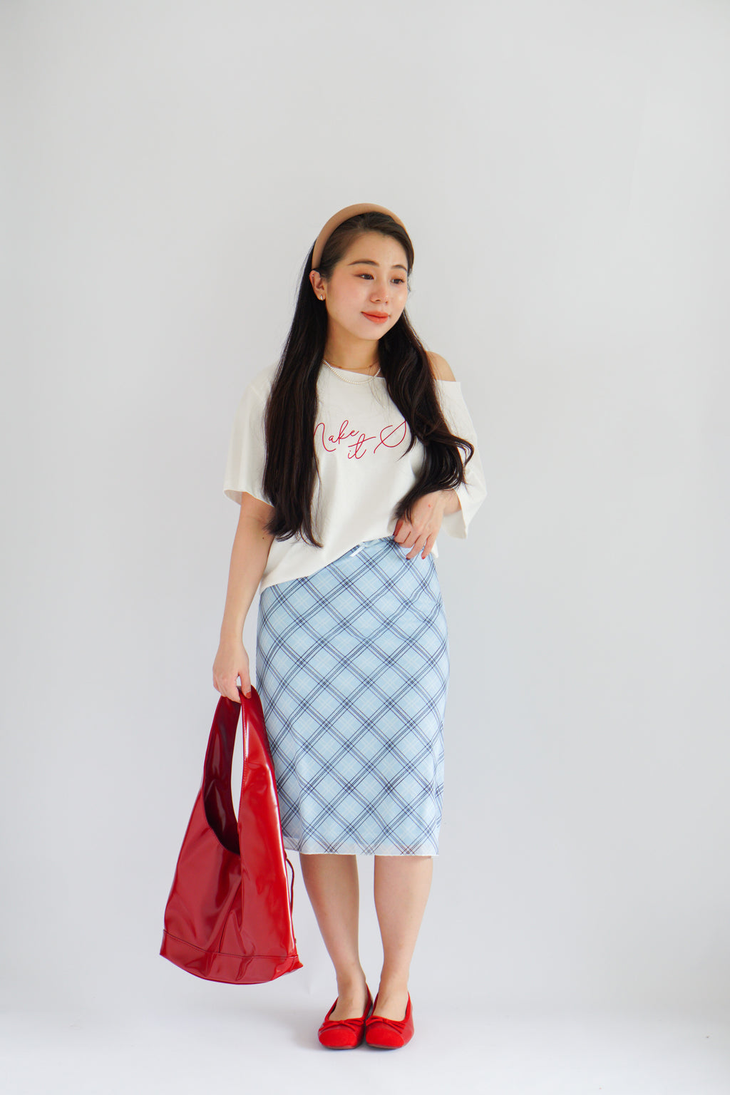Colin Plaid Ribbon Midi Skirt in Blue