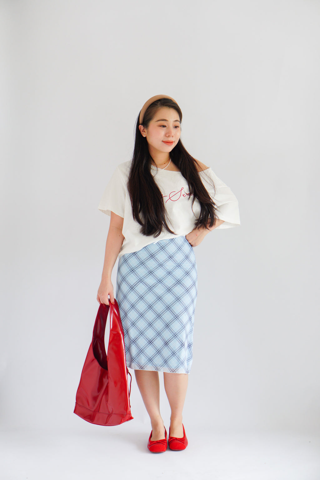 Colin Plaid Ribbon Midi Skirt in Blue