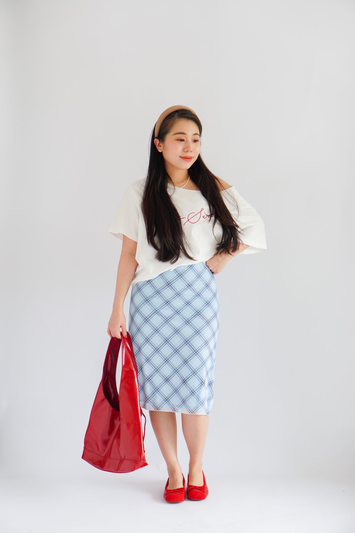 Colin Plaid Ribbon Midi Skirt in Blue