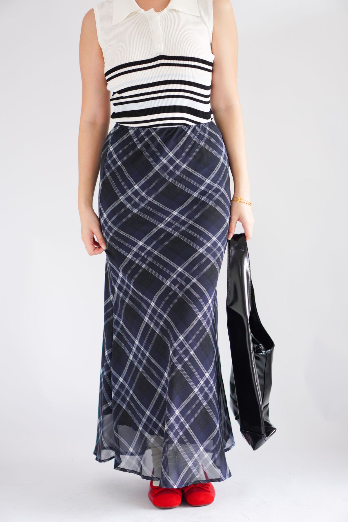 Drew Plaid Maxi Skirt in Dark Blue