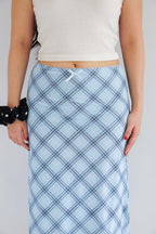 Colin Plaid Ribbon Midi Skirt in Blue