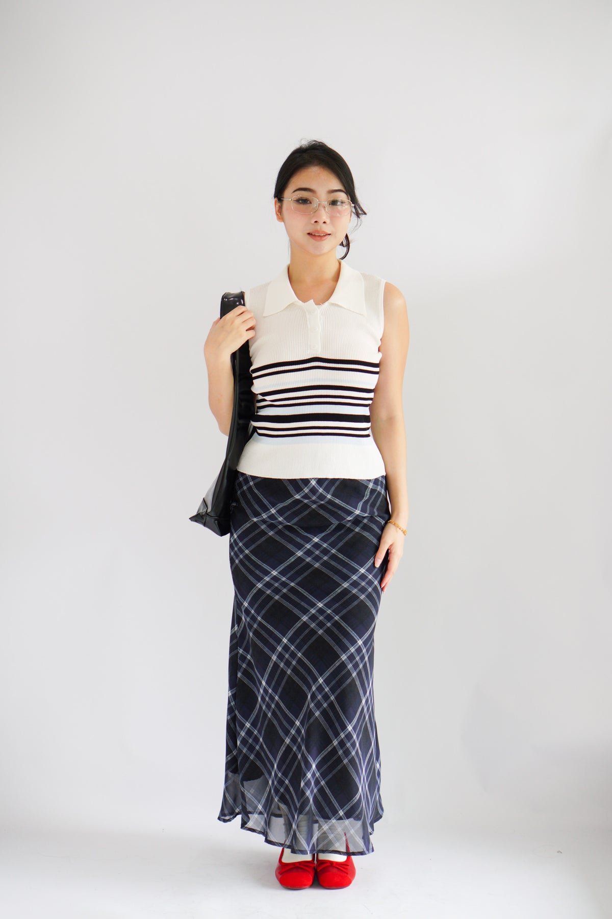 Drew Plaid Maxi Skirt in Dark Blue