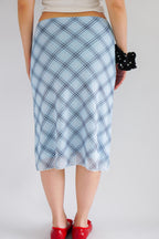Colin Plaid Ribbon Midi Skirt in Blue