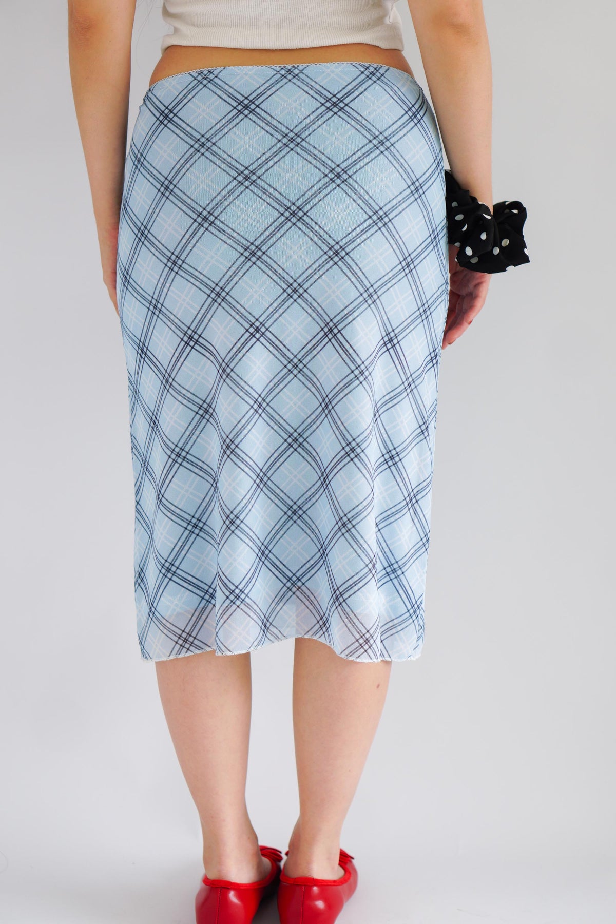 Colin Plaid Ribbon Midi Skirt in Blue