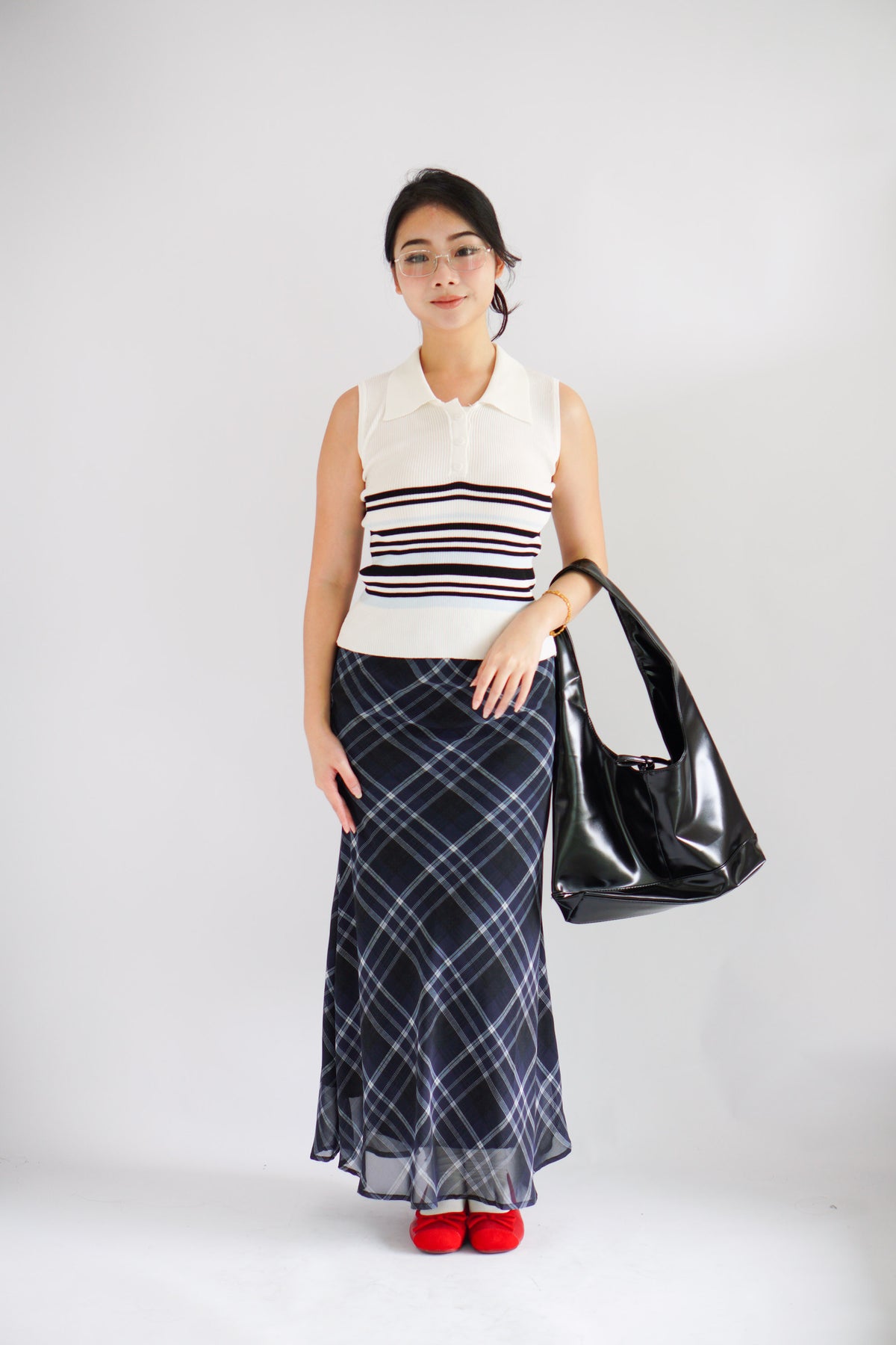 Drew Plaid Maxi Skirt in Dark Blue
