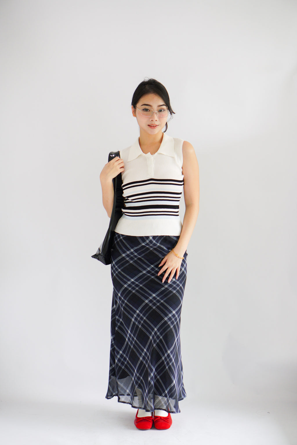 Drew Plaid Maxi Skirt in Dark Blue