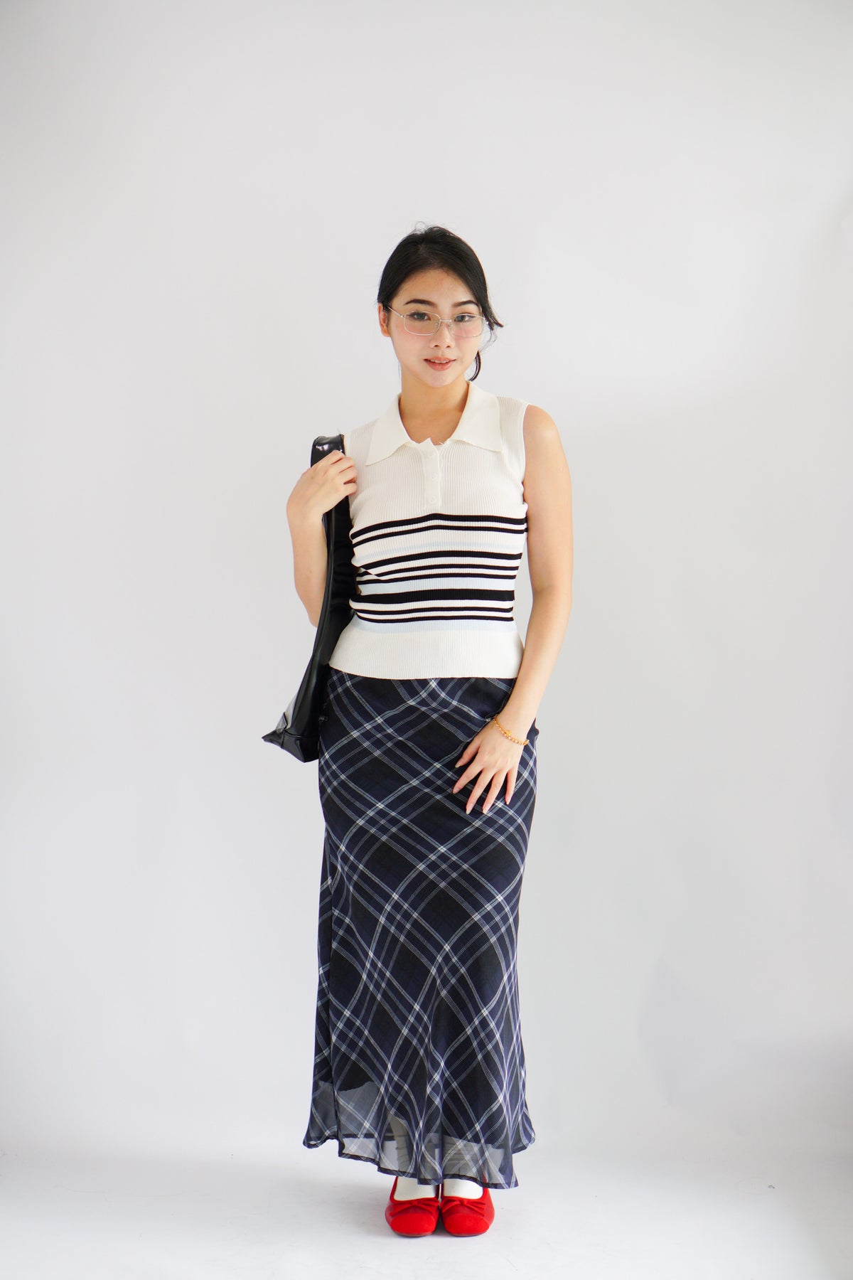 Drew Plaid Maxi Skirt in Dark Blue