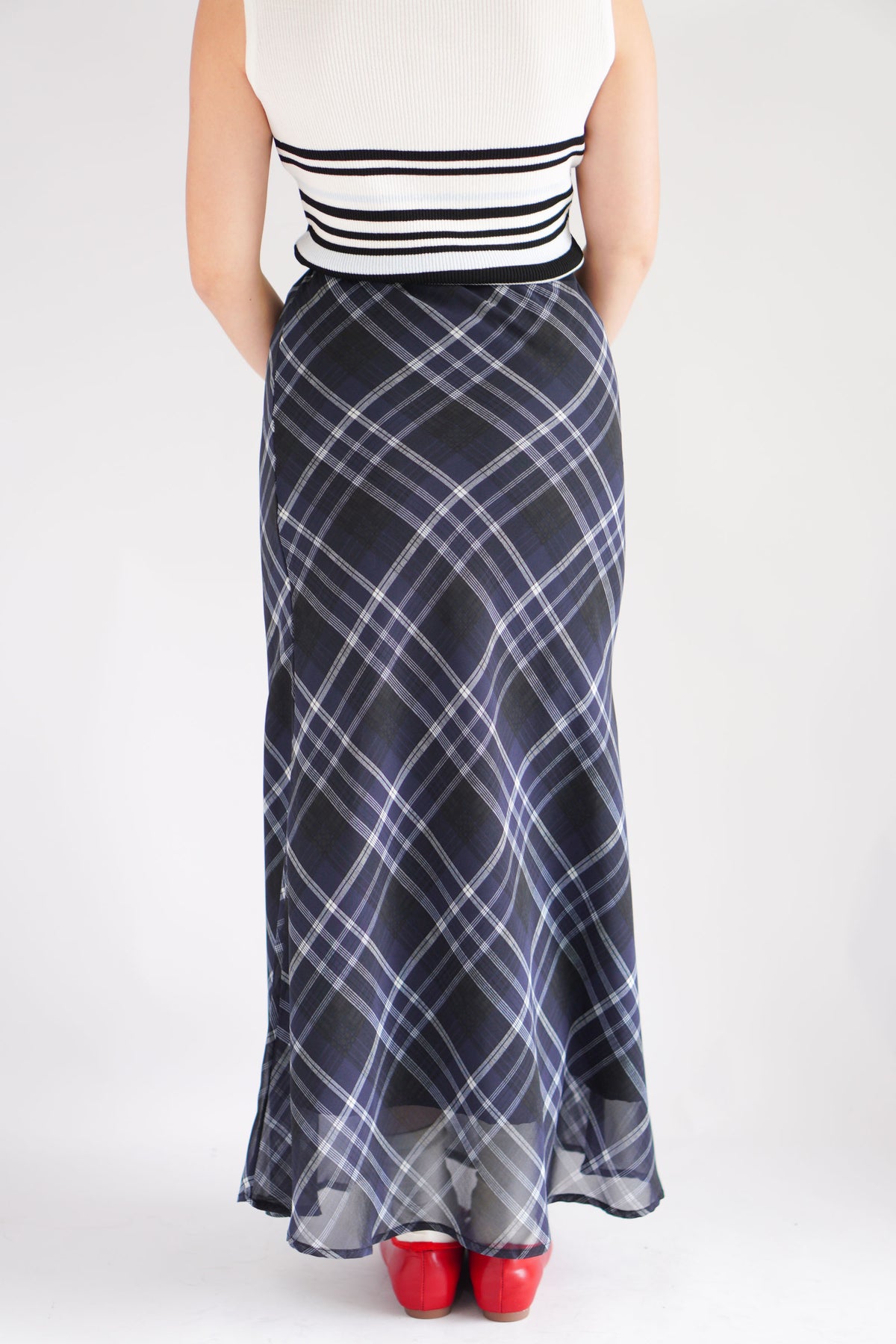 Drew Plaid Maxi Skirt in Dark Blue