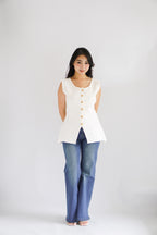 Metisse Round Neck Knit Button Top in White