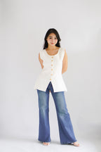Metisse Round Neck Knit Button Top in White