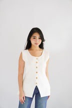 Metisse Round Neck Knit Button Top in White