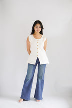 Metisse Round Neck Knit Button Top in White