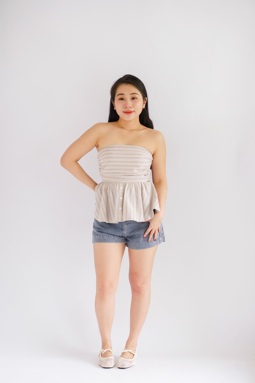 Miss Aria Stripes Ruched Peplum Tube Top in Light Khaki