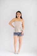 Miss Aria Stripes Ruched Peplum Tube Top in Light Khaki